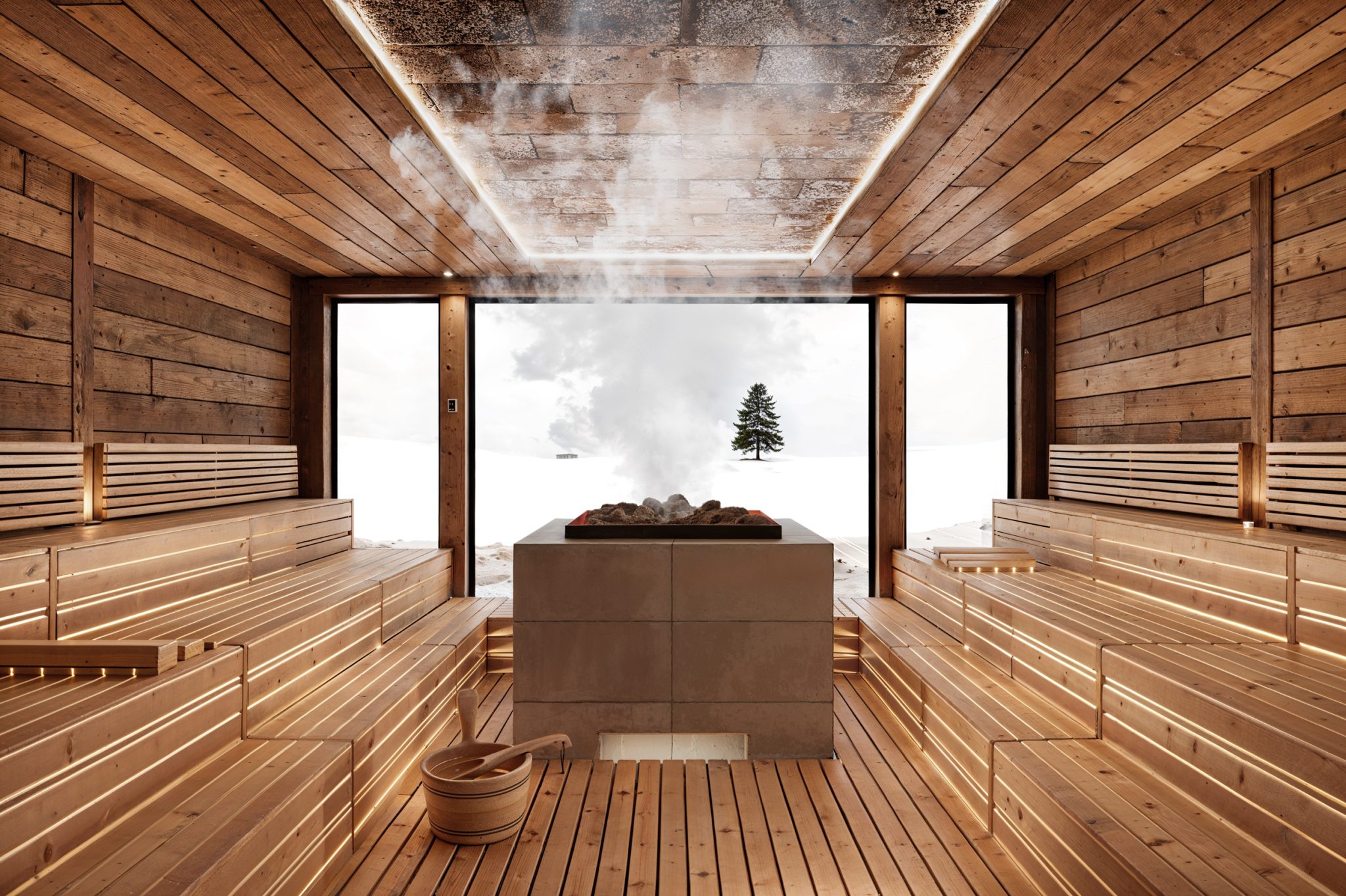 rendering di una Sauna di montagna